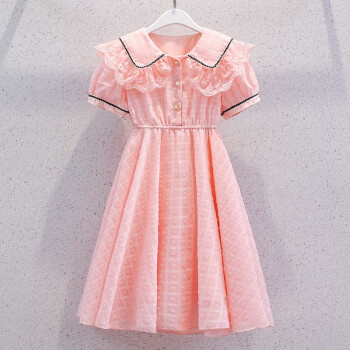 欧颖慕女童连衣裙夏季女孩蕾丝娃娃领公主裙薄款儿童雪纺裙子长裙